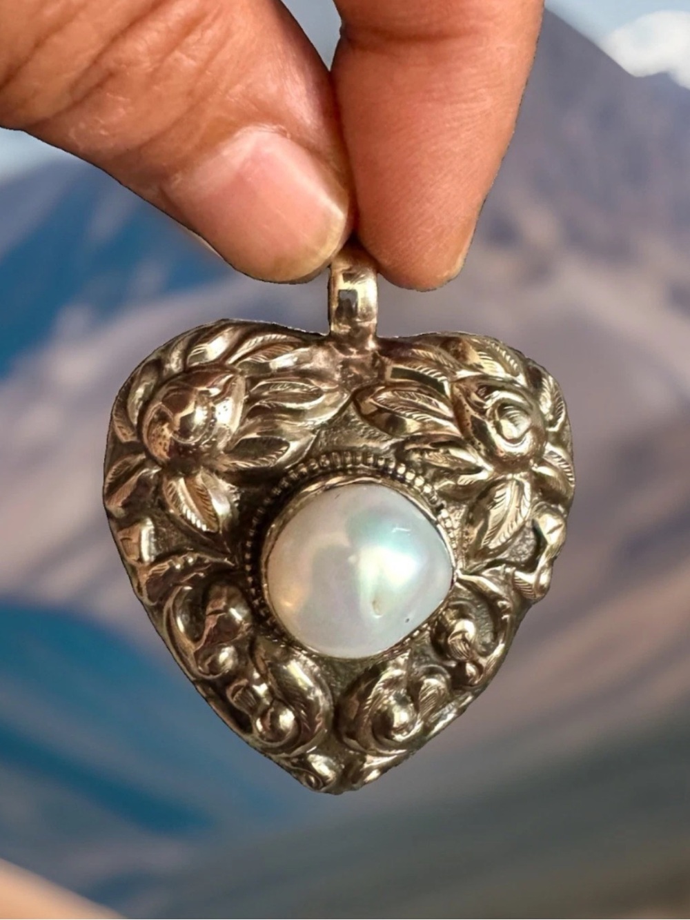 Handcrafted Heart Shape Pearl Pendant With Floral Carving Set In Silver 2”in,26g